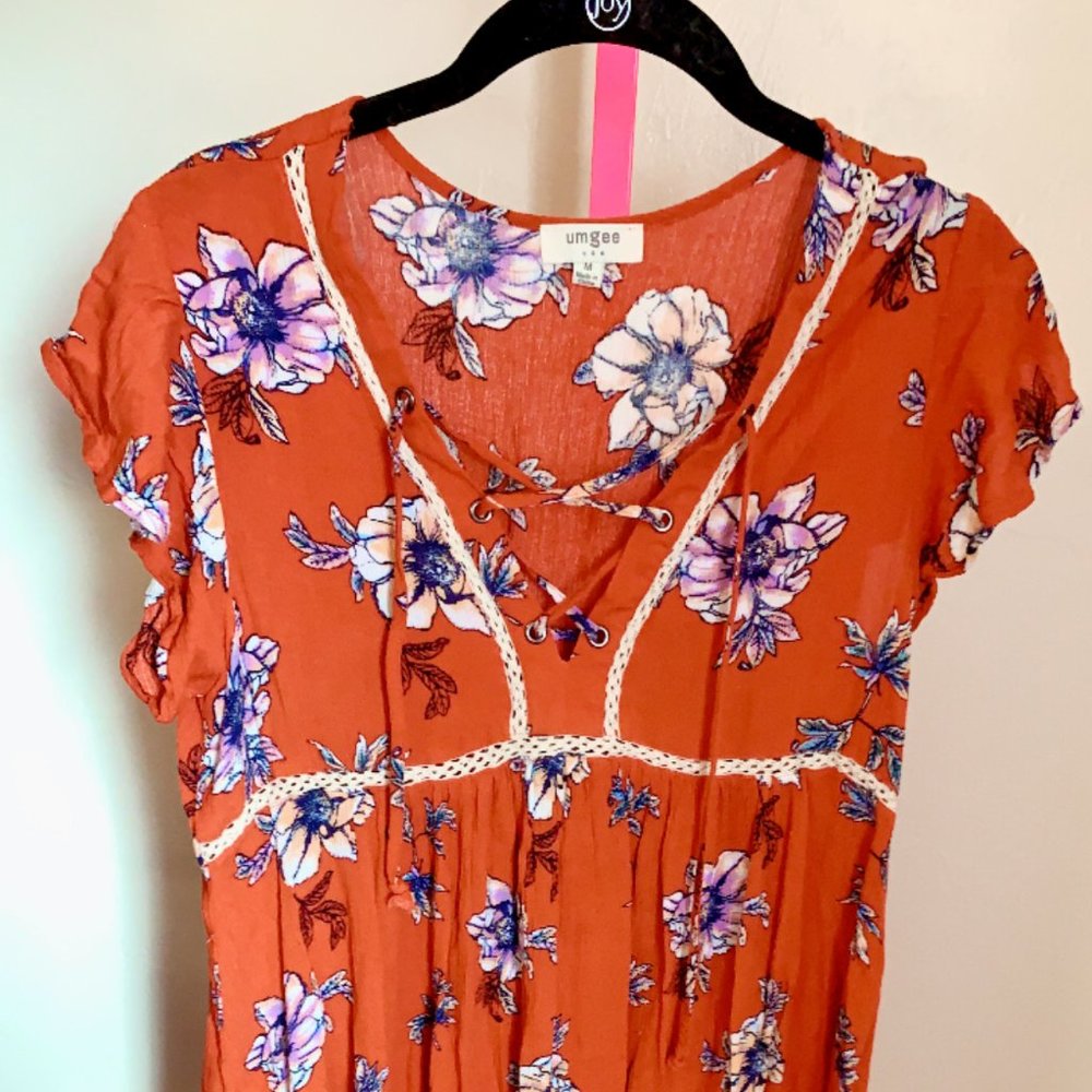 Red Floral dress with crisscross neck